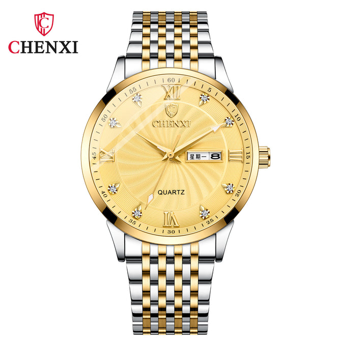 CHENXI Business Dual Calendar Watch Couple Steel Strap Watch in Stock Men's and Women's Quartz Watch CX-8212A inter-gold