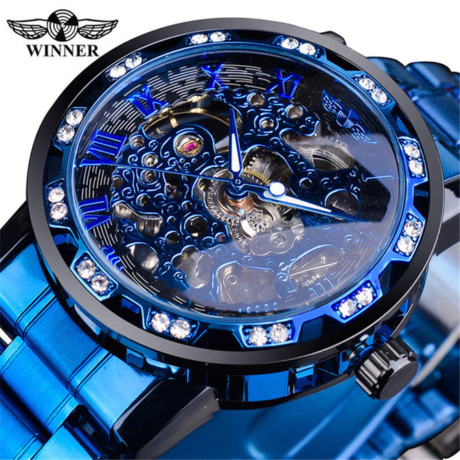 New Winner Watch Men's Fashion Casual Classic Popular Hollow Rhinestone Manual Mechanical Watch SLZg75