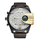Oulm Ouli Men's Watch Large Dial Multi Time Zone Casual Leather Watch Compass 3790