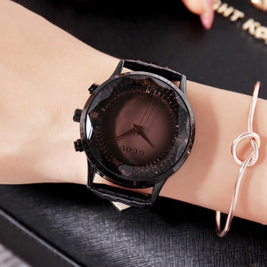 GUOU 8107 Stylish Ladies Large Dial Diamond Watch Black Purple Leather Strap Wrist Watch Women's Watches