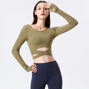 2022 new yoga clothing spring and autumn sports fitness yoga Top quick-drying and thin cross-bull yoga long-sleeved shirt 8080