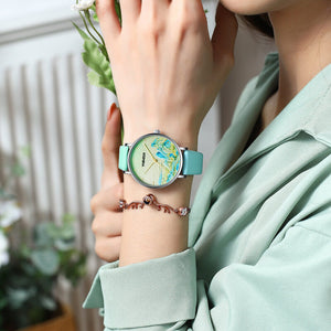 2021 new women's watch retro fashion landscape painting national wind trend small dial ladies watch waterproof two-color belt ladies watch