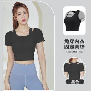 New yoga vest Women Chest Pad Mesh Breathable Running Fitness Skinny Exercise Top Short Sleeve Yoga T-shirt JYMD032