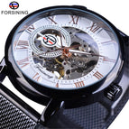 Forsining Watch Men's Fashion Casual Mesh Belt Hollow Gold Manual Mechanical men business Watch SLZe92