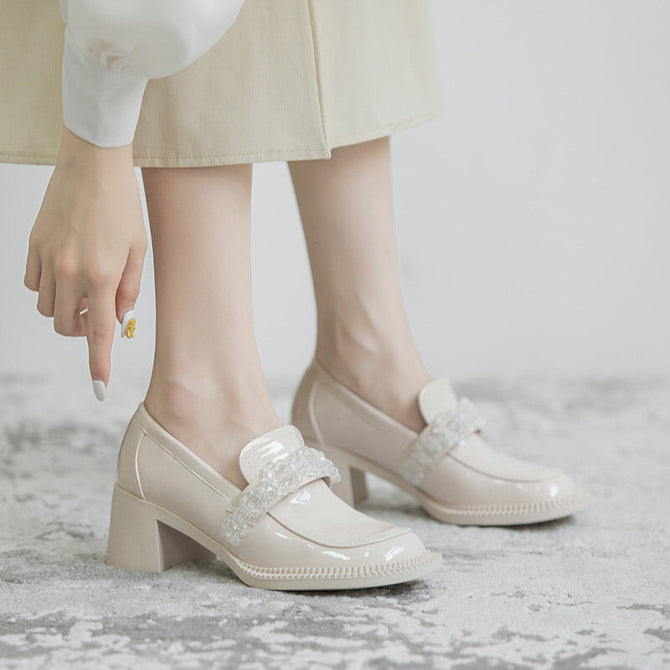 2022 new crystal ice flower Mary Jane single shoes women's high-heeled patent leather loafers thick-heeled big-toe doll shoes S256