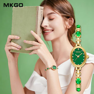 MKGO Light Luxury Small Fashion Simple Small Green Plate High Grade Jade Chalcedony Bracelet Women's Waterproof Watch M8106