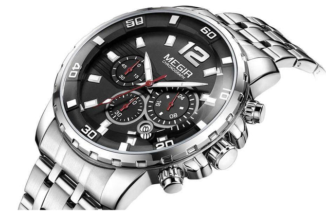 Megir 2068 Men's Gold Stainless Steel Quartz Watches Business Chronograph Analgue Wristwatch for Man casual Waterproof Luminous