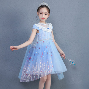 3-8 years Anna Elsa Dress Fancy Birthday Cosplay Costume New short sleeve 2 Princess Dress Girls' Korean lace dress activity cloak Aisha skirt