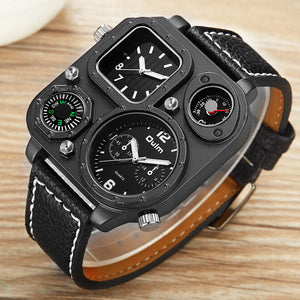 Oulm Men's quartz watch fashion watch compass large dial double time zone belt square watches for men