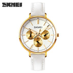 Skmei women's watch fashion six needle leather lady watch retro wind leather round women's watch quartz watch