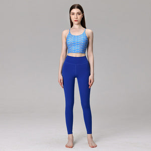 New yoga suit Sapphire Blue Pants Corrugated Printed Top with Chest Pad Women's Fitness Running Exercise Yoga sports Clothing Two-Piece Set