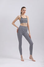 Yoga clothings Contrast color black white and red checkerboard yoga suit women's vest with chest pad sports underwear bra fitness pants