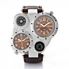Oulm watch for men Double Time Zone Men's leather Watch Large Dial Compass Quartz watch HP9415