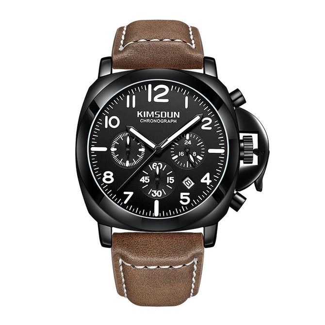 KIMSDUN Leather three-eye multi-function sports waterproof casual men's watch luminous watch K-713D