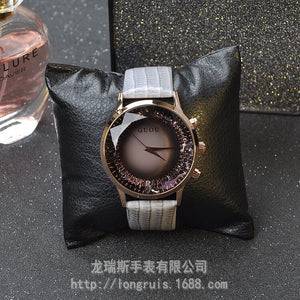 GUOU 8107 Durable Small Fashionable Handsome Big Dial Rhinestone Grey Strap Women's Watch