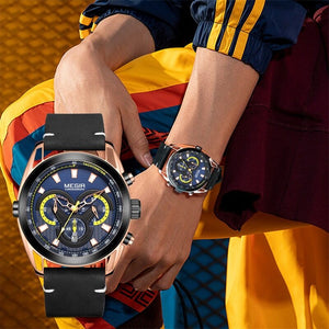 Megir watch men's fashion blue timing leather watch sports quartz watch 2135