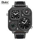 Oulm Men's quartz watch fashion watch compass large dial double time zone belt square watches for men