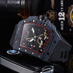 Watch for men Richard Fashion Casual Ghost Head Wood Grain Watch Hollow Carbon Fiber Silicone Quartz Men's Watch 8102