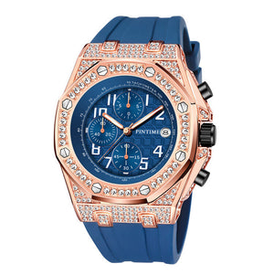 PINTIME men's watch silicone strap octagonal design calendar waterproof diamond plaid casual  men watch