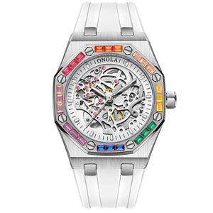 ONOLA Men's watch New Rainbow Diamond Automatic Mechanical Watch Men's Silicone Band Waterproof Watch ON3834D