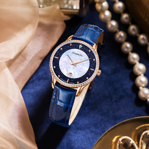 STARKING watch real diamond blue sandstone quartz watch trendy fashion watch women's leather watch
