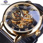 Forsining Watch Men's Fashion Casual Mesh Belt Hollow Gold Manual Mechanical men business Watch SLZe92