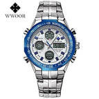 WWOOR 8019  Steel Digital Men's Quartz LED Dual Display Military GOLD Clock Men's  Alarm Waterproof Sports Watches