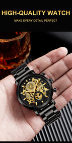Men's Multi-Function Calendar Watch Hollow out Student Black Gold Business Waterproof Trend Steel Watch
