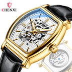 Chenxi new barrel type automatic mechanical watch men's leather hollow luminous waterproof watch CX-8815B