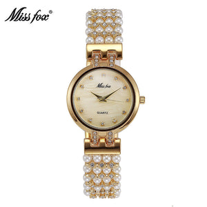 MISSFOX Fashion Women's Analog Watch Gold Pearl Diamond Waterproof Quartz Watch 2170
