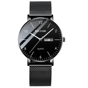 Belushi  541 2019 Men Watch Ultra Slim Steel Mesh Quartz Wristwatch Dual Calendar Simple Black Clock Male Watch