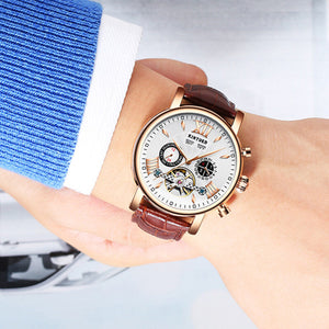KINYUED Automatic Skeleton Mechanical Watch Fashion Leather Waterproof Men's Watch JYD-J017