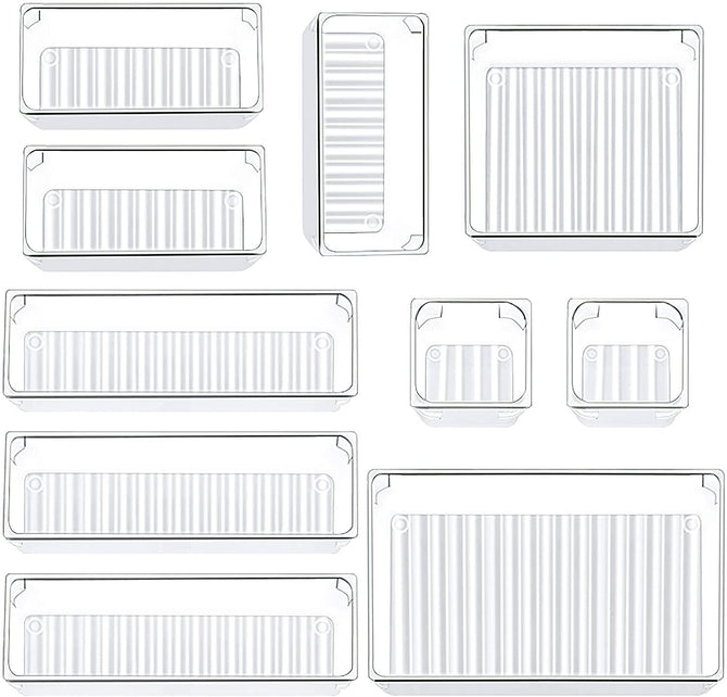 10 Pcs Drawer Organizers 5-Size Makeup Desk Drawer Organizer Plastic Bathroom Storage Bins Versatile Trays Vanity Dividers Container for Bedroom Dresser Kitchen Office