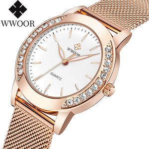 WWOOR 8877 New Diamond Women's Watch Mesh Belt Quartz Waterproof Casual Watch 8877
