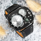 Oulm Dual Time Zone Fashion Men's Watch Quartz New Compass Leather Large Dial Men's Watch HP9865
