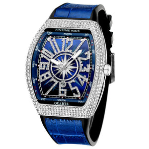 PINTIME Watch Men's casual Frankenstein Wine Barrel Watch Large Dial Watch leather Diamond Retro Watch
