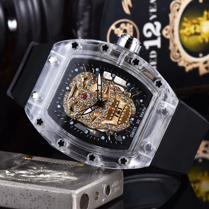 Men's watch Transparent Cutout Ghost Head Quartz Watch Barrel-Shaped Fashion Silicone Men's casual Watch