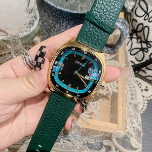 TICTOC Korean version of the trendy fashion ladies watch female ins large dial square leather strap calendar female watch 0556
