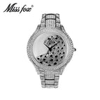 MISSFOX Wild Leopard Watch Pattern Set Diamond British Watch Stainless Steel Full Diamond Women's Watch Fashion Rhinestone Watch V200A
