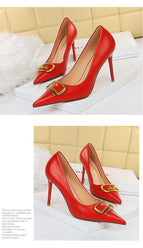 1932-7 ladies high heels wedding shoes bridesmaid shoes Korean fashion banquet high heels women's shoes stiletto high heels shallow mouth pointed metal buckle decoration daily wearable single shoes
