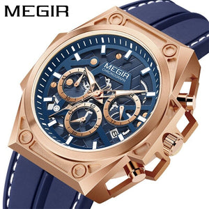 Megir Watch Men Stainless Steel Luminous Timing Hollow Sports Quartz Silicone Watch 4220