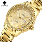 WWOOR 8856 Couple Watch Waterproof Luminous Watch Butterfly Snap Button Steel Strap Watch Strap Men's Diamond Gold Watch