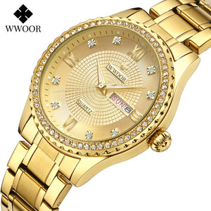 WWOOR 8856 Couple Watch Waterproof Luminous Watch Butterfly Snap Button Steel Strap Watch Strap Men's Diamond Gold Watch