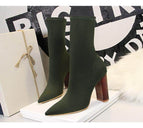 3129-3 Korean fashion short boots simple wood grain with thick heels elastic high heels Lycra sexy office shoes thin short boots