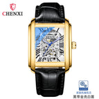 CHENXI Square Skeleton Automatic Mechanical Watch Men's fashion Leather Waterproof men's casual Watch CX-8816