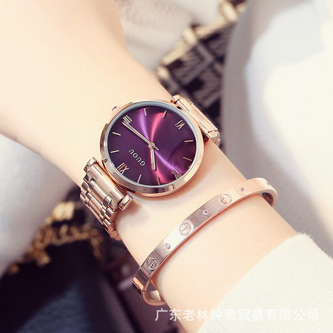GUOU women's watch purple large dial European and American fan fashion simple quartz watch Roman graduated steel band watch women