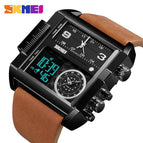 SKMEI 1391 Men BIG DIAL Watches Fashion Digital Watch For Man Leather Strap Dual Display LED Quartz Watch Chronograph Alarm Clock Calendar Date Stopwatch Luminous Waterproof Shockproof