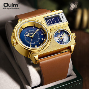 Oulm watch for men genuine large dial quartz watch leather sports casual men's watch gold men's watch HP5026