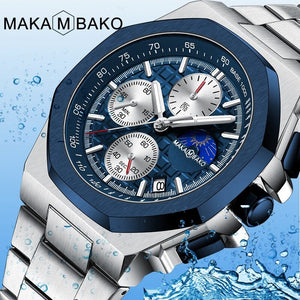 Makambako men's watch Sun Moon Star Multi-Function Waterproof Watch Men's Stainless Steel Octagonal Shell Calendar Watch