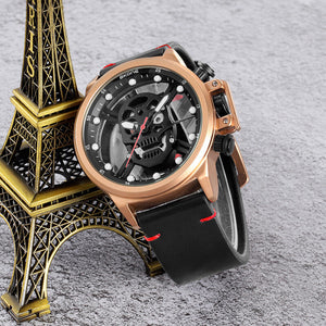 SKONE Skull Fashion Quartz Watch Casual Hollow out Men's leather Watch 9499